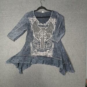 Affliction Style Asymmetrical y2k 3/4 sleeve top grunge cross biker rock edgy